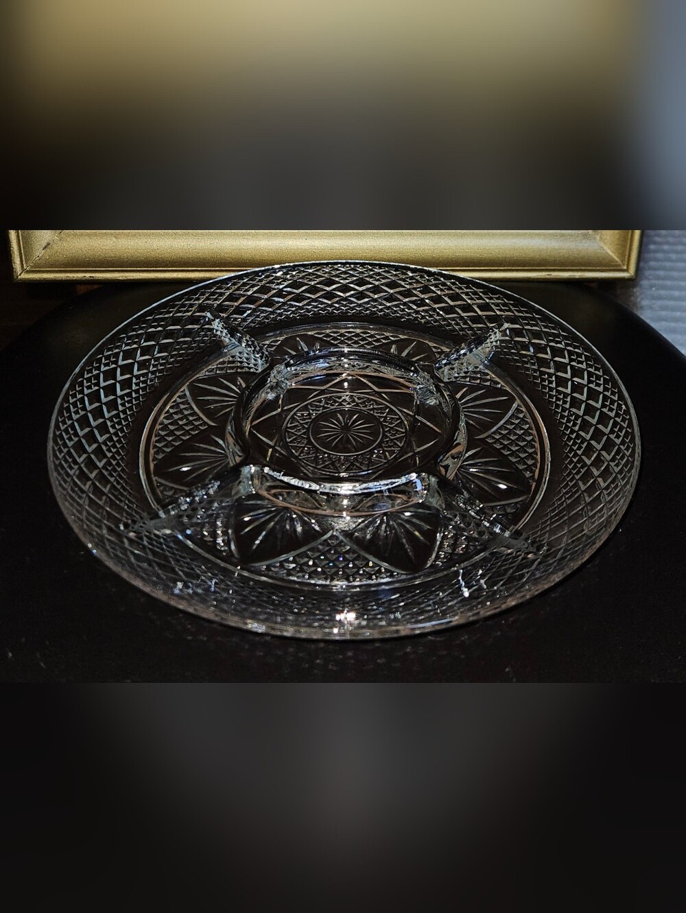Cristal D'Arques Antique Clear Round 5 Part Relish Set Cut Etch Tray Dish 10"